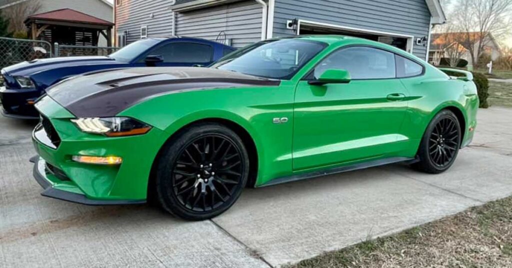 bright green mustang 5.0 with carbon fiber hood